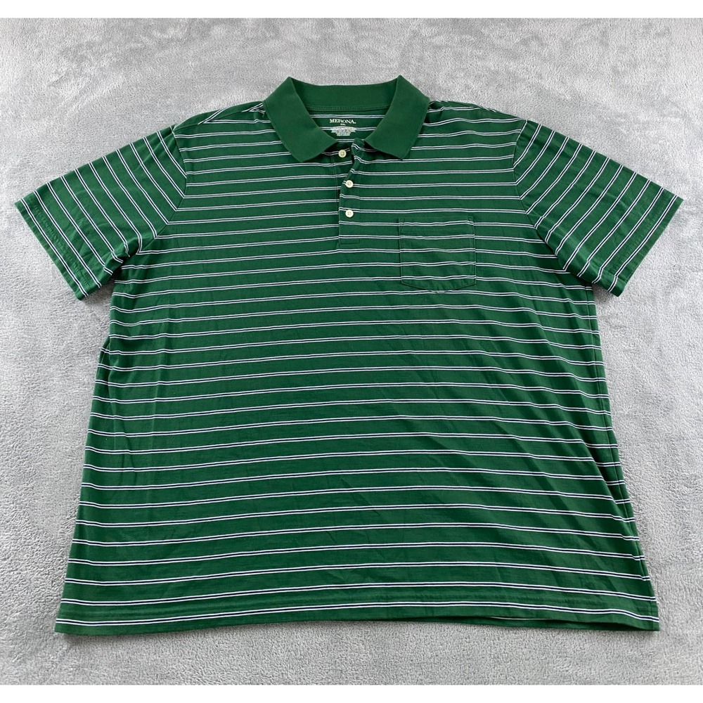 Merona Mens XXL Green Striped Short Sleeve Polo Shirt Chest Pocket Cotton Blend